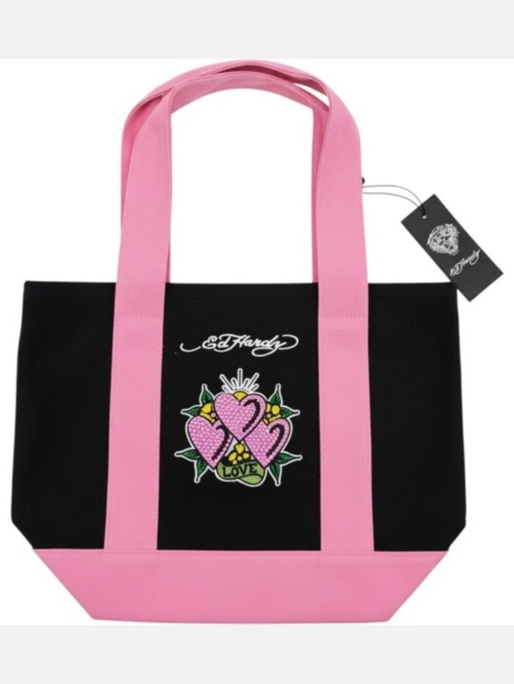 Ed Hardy NWT Black & Pink Rhinestone Canvas Tote with ♥️ Motif   No Callouts